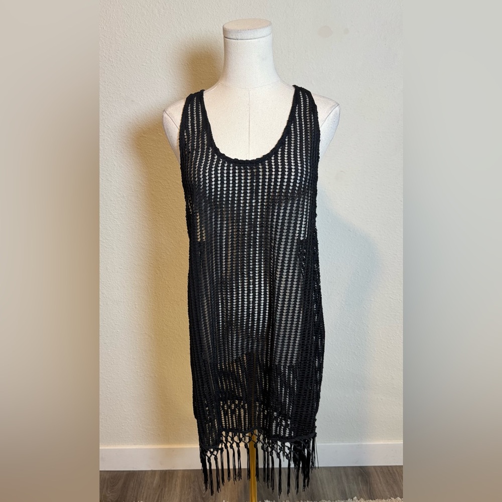 Francesca’s Black Crochet Tasseled Tank Dress or Swimsuit Cover size S/M